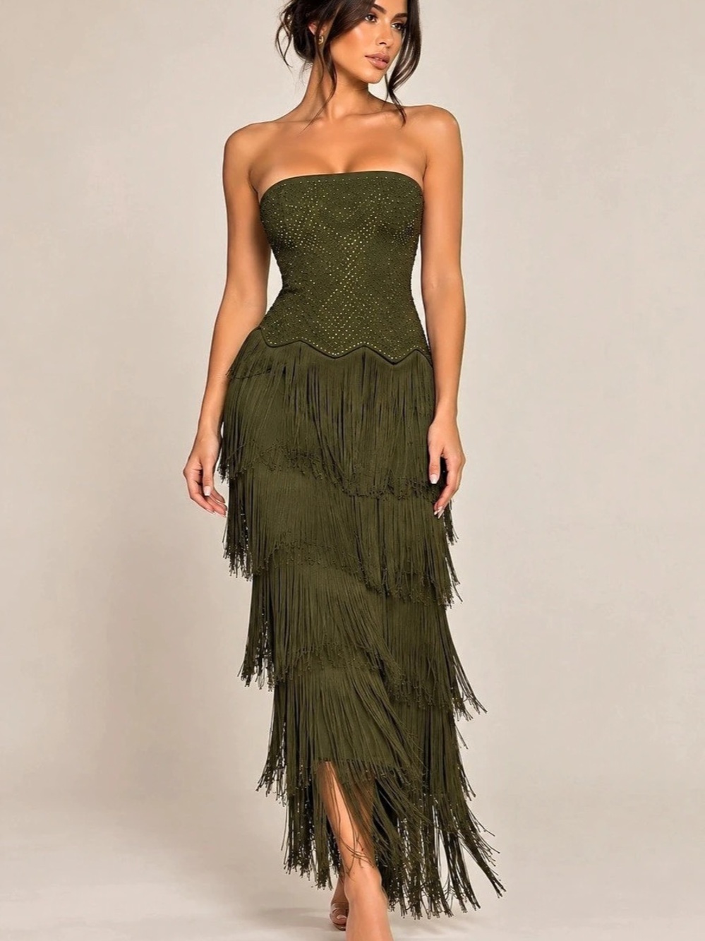 Fringe Strapless Maxi Dress in Green Like New